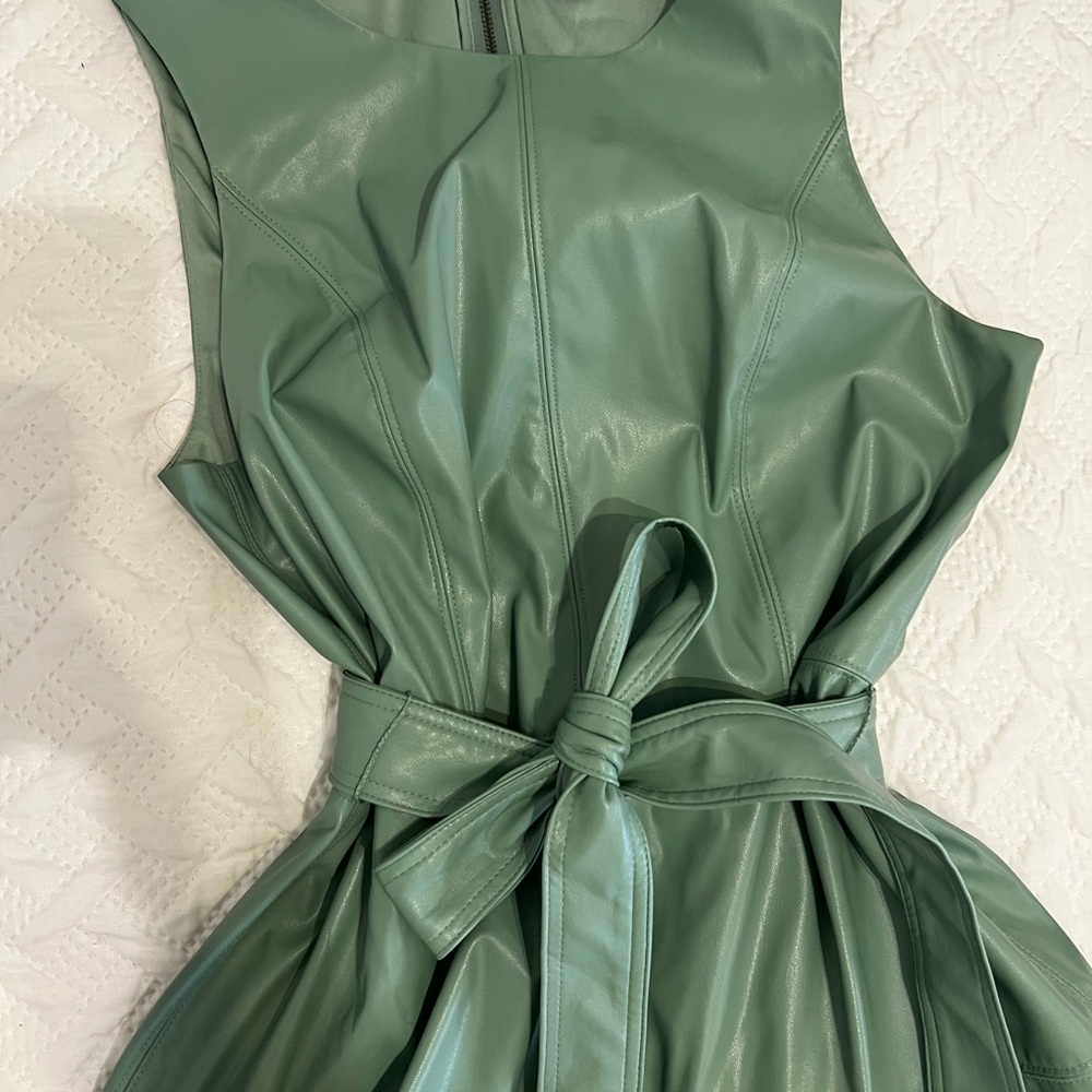 Sleeveless Faux-Leather Green Belted Dress